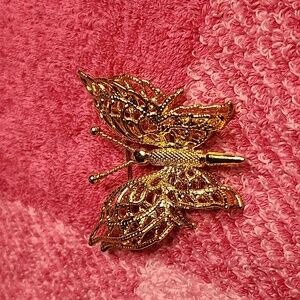 Vintage MONET Gold Butterfly Brooch. Antique Bronze Filigree